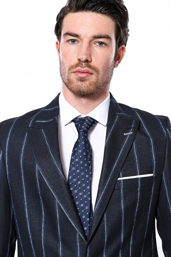 Striped Dark Blue Slim-Fit Blazer - Wessi sold by Wessi product image thumbnail 2