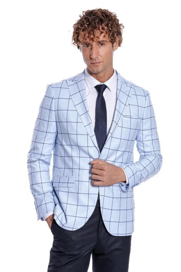 Plaid Slim Fit Light Blue Men Blazer - Wessi sold by Wessi
