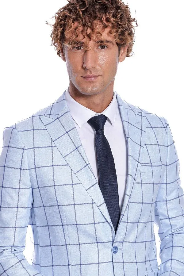 Plaid Slim Fit Light Blue Men Blazer - Wessi sold by Wessi product image thumbnail 2