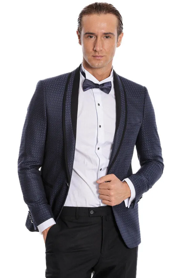 Shawl Lapel Patterned Slim Fit Navy Blue Tuxedo | Wessi sold by Wessi