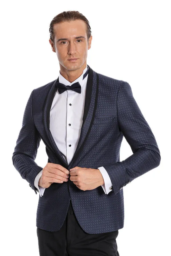 Shawl Lapel Patterned Slim Fit Navy Blue Tuxedo | Wessi sold by Wessi product image thumbnail 5