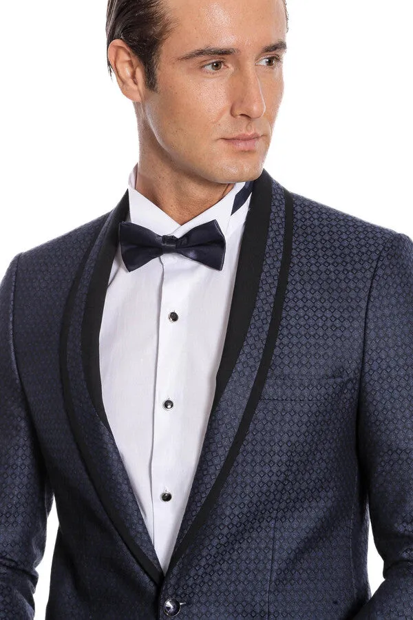 Shawl Lapel Patterned Slim Fit Navy Blue Tuxedo | Wessi sold by Wessi product image thumbnail 3