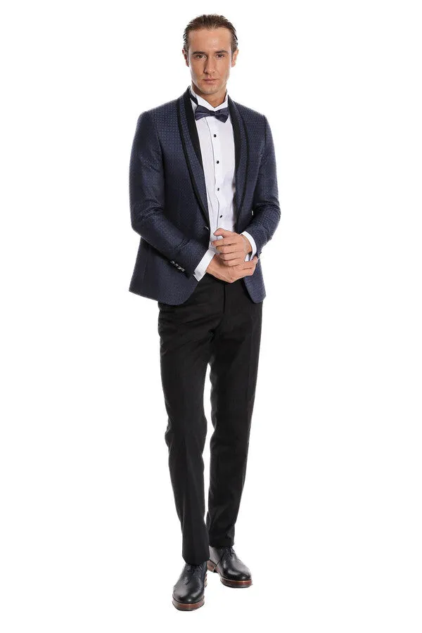 Shawl Lapel Patterned Slim Fit Navy Blue Tuxedo | Wessi sold by Wessi product image thumbnail 2