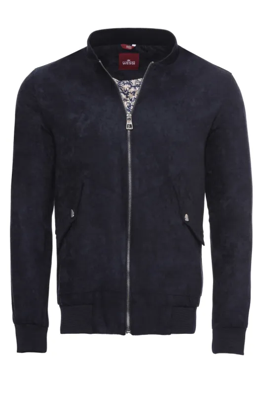 Flap Pockets Suede Dark Blue Men Bomber Coat - Wessi sold by Wessi