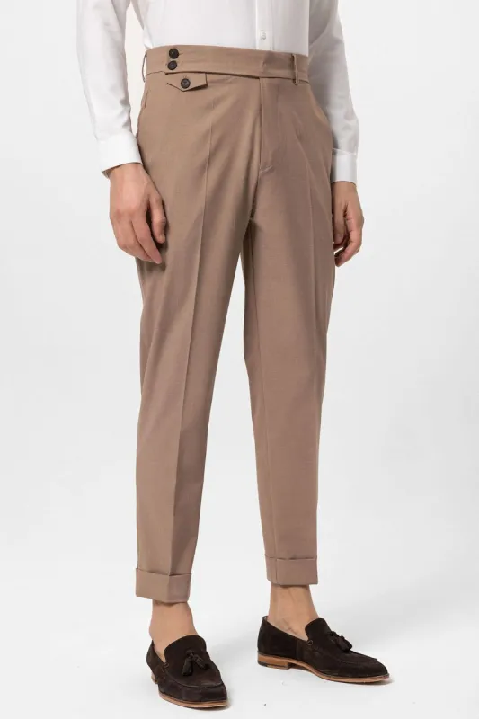 Men's Camel High Waist Button Closure Trousers - Wessi sold by Wessi