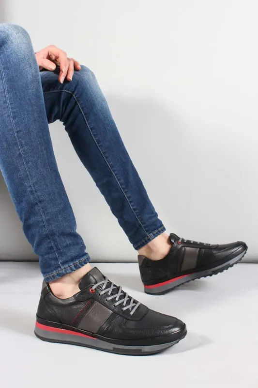 Men's Black Leather Sneakers with Red Accents and Cushioned Sole - Wessi sold by Wessi