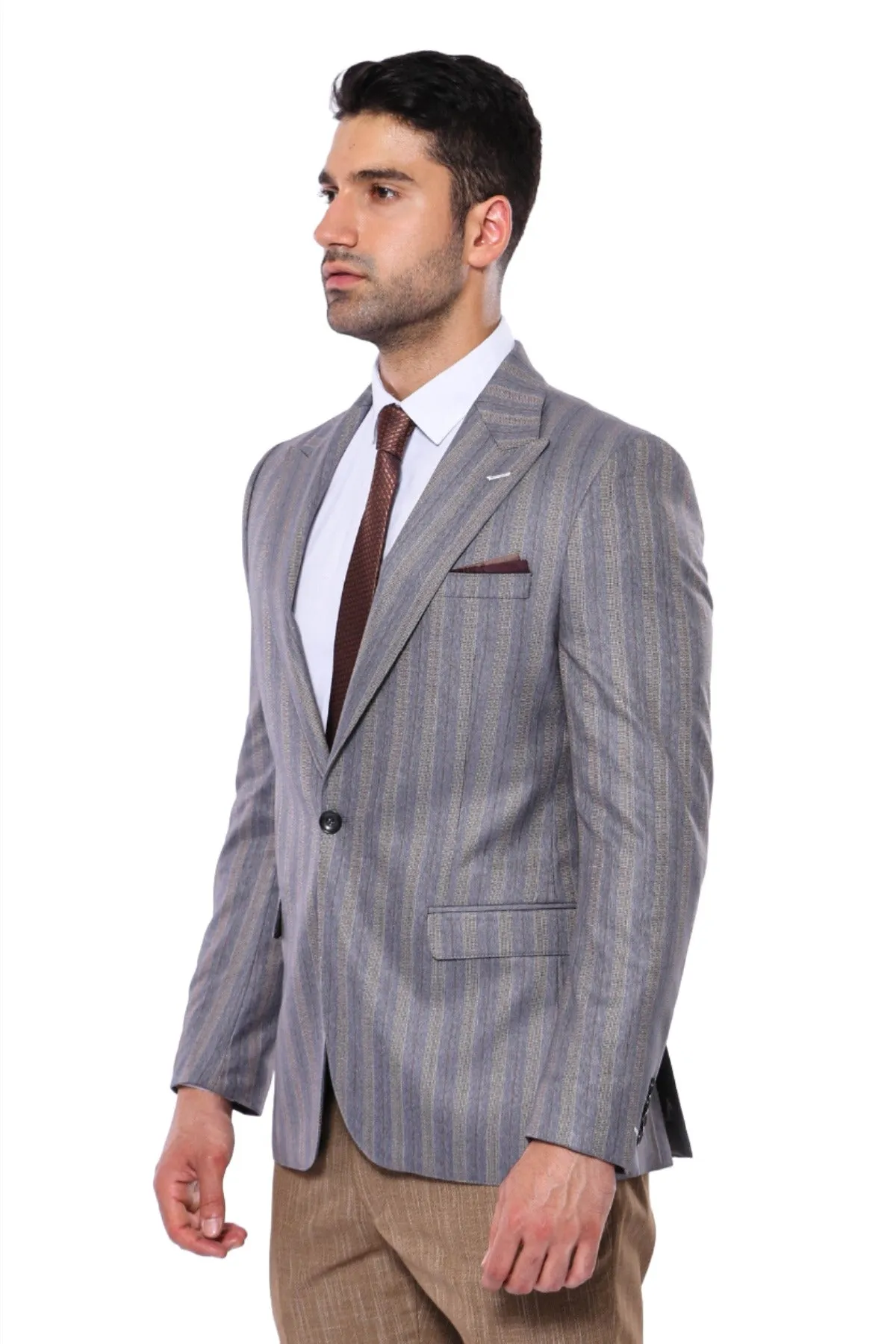 Striped Slim Fit Men Grey Blazer - Wessi sold by Wessi product image thumbnail 3