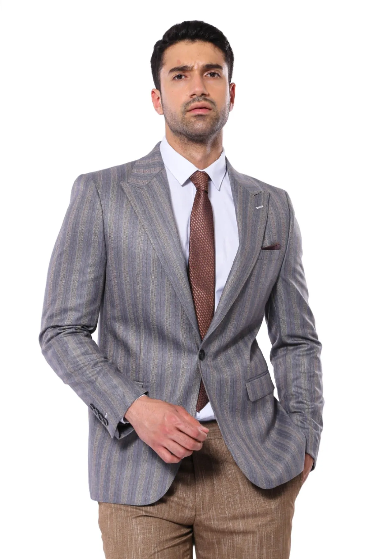 Striped Slim Fit Men Grey Blazer - Wessi sold by Wessi