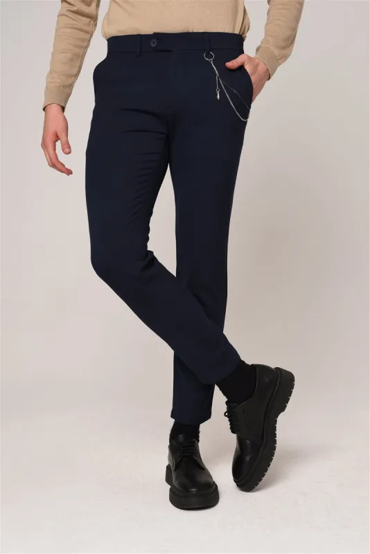 Men's Navy Blue Accessory Detail Slim Fit Trousers - Wessi sold by Wessi