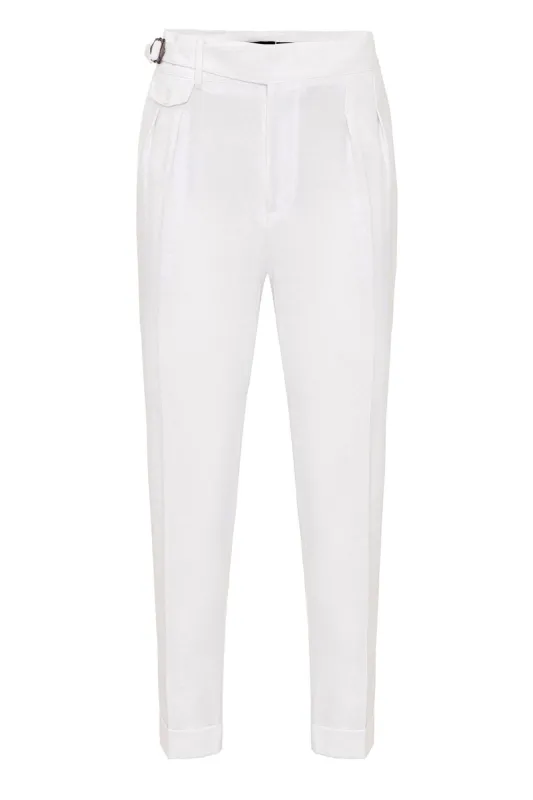 Men's White High Waist (Boyfriend) Pleated Fabric Trousers With Buckle Belt - Wessi sold by Wessi
