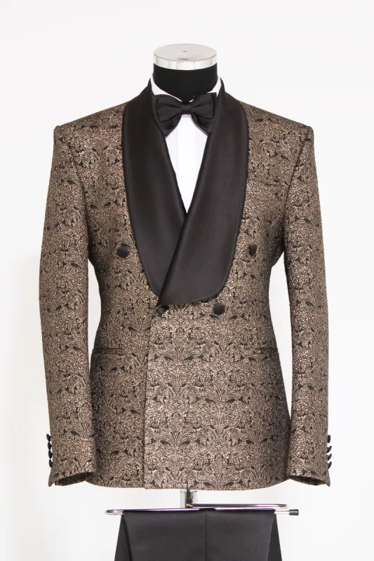 Brocade Double-Breasted Satin Lapel Gold and Black Men's Tuxedo with Bow Tie - Wessi sold by Wessi
