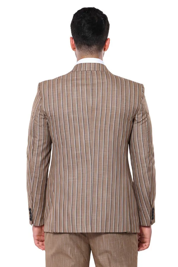 Striped Blazer Plain Pants Light Brown Men Suit - Wessi sold by Wessi product image thumbnail 4