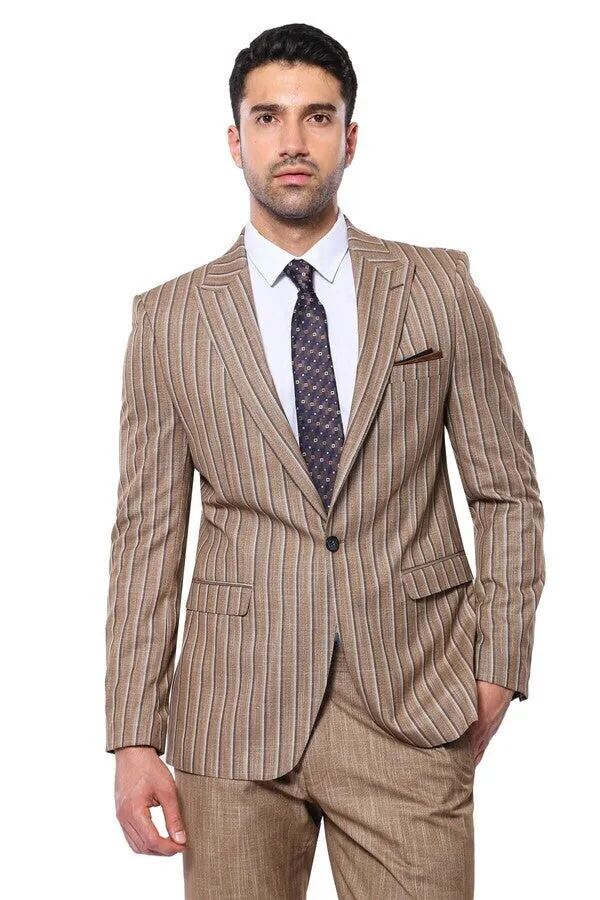 Striped Blazer Plain Pants Light Brown Men Suit - Wessi sold by Wessi