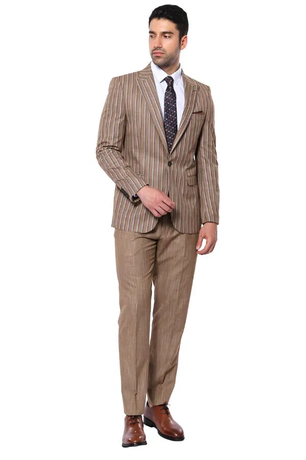 Striped Blazer Plain Pants Light Brown Men Suit - Wessi sold by Wessi product image thumbnail 2