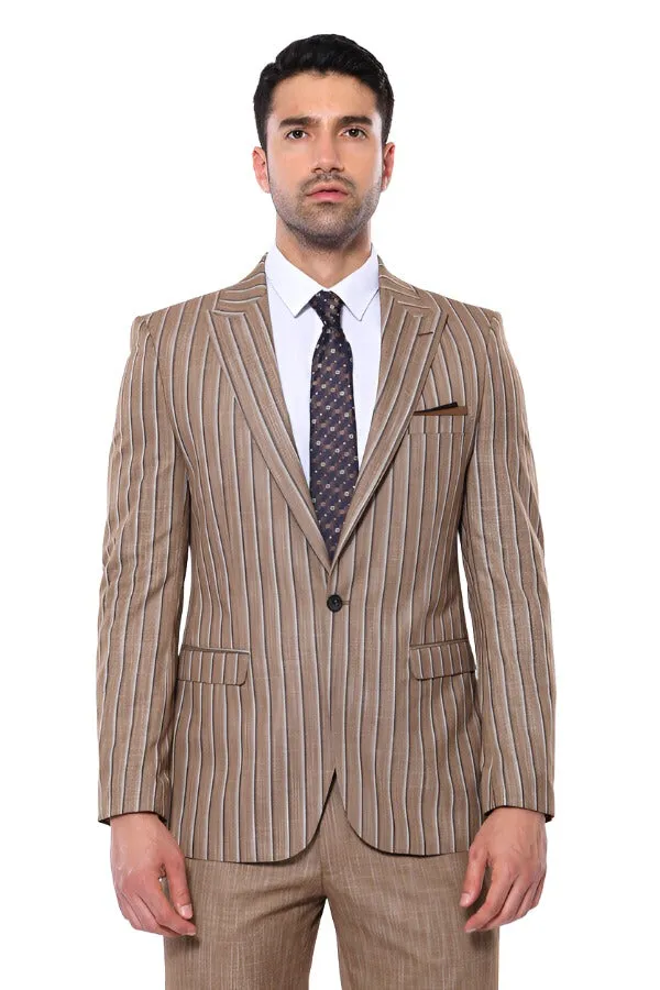 Striped Blazer Plain Pants Light Brown Men Suit - Wessi sold by Wessi product image thumbnail 5