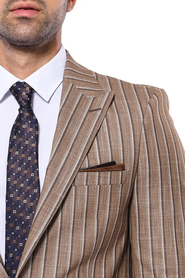 Striped Blazer Plain Pants Light Brown Men Suit - Wessi sold by Wessi product image thumbnail 3