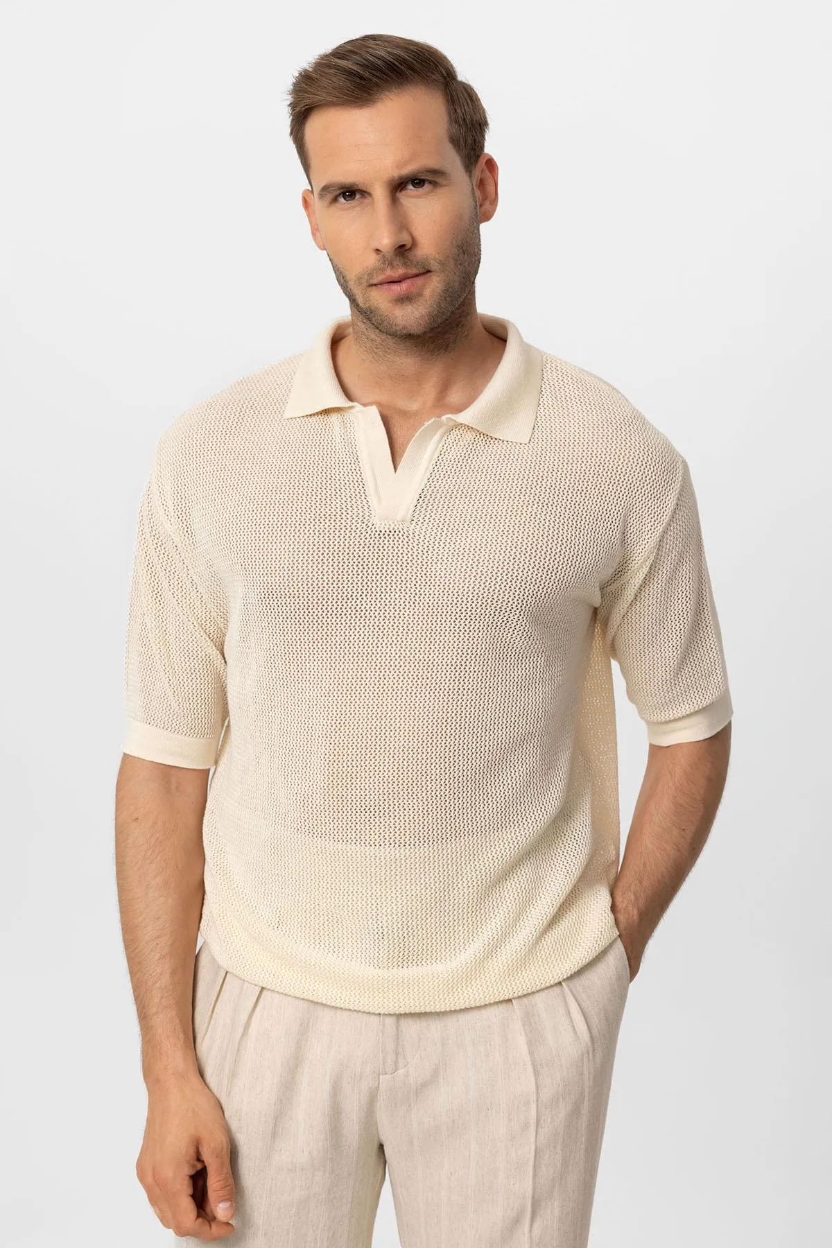Men's Ecru Polo Collar Knit T-Shirt - Wessi sold by Wessi product image thumbnail 2