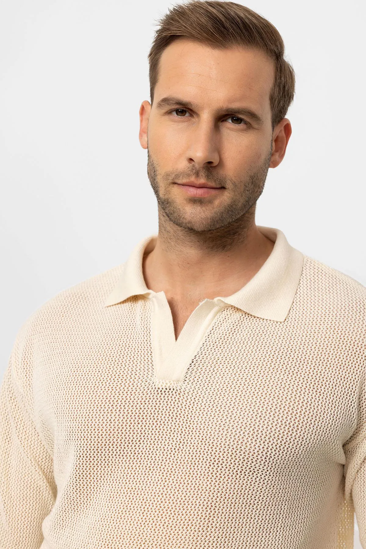 Men's Ecru Polo Collar Knit T-Shirt - Wessi sold by Wessi product image thumbnail 5