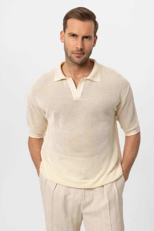 Men's Ecru Polo Collar Knit T-Shirt - Wessi sold by Wessi