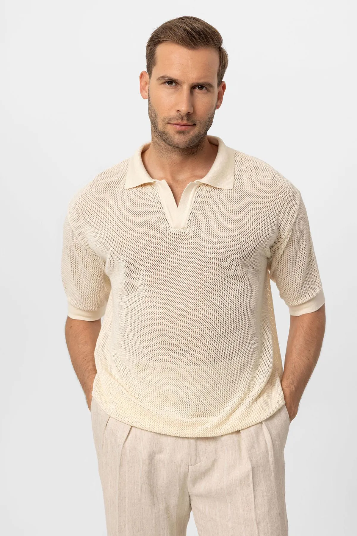 Men's Ecru Polo Collar Knit T-Shirt - Wessi sold by Wessi