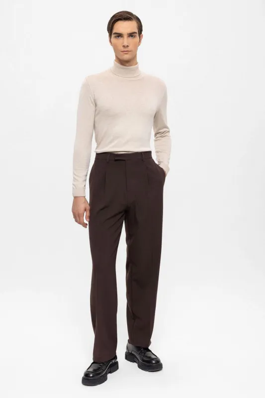 Men's Brown High Waist Zippered  Trousers - Wessi sold by Wessi