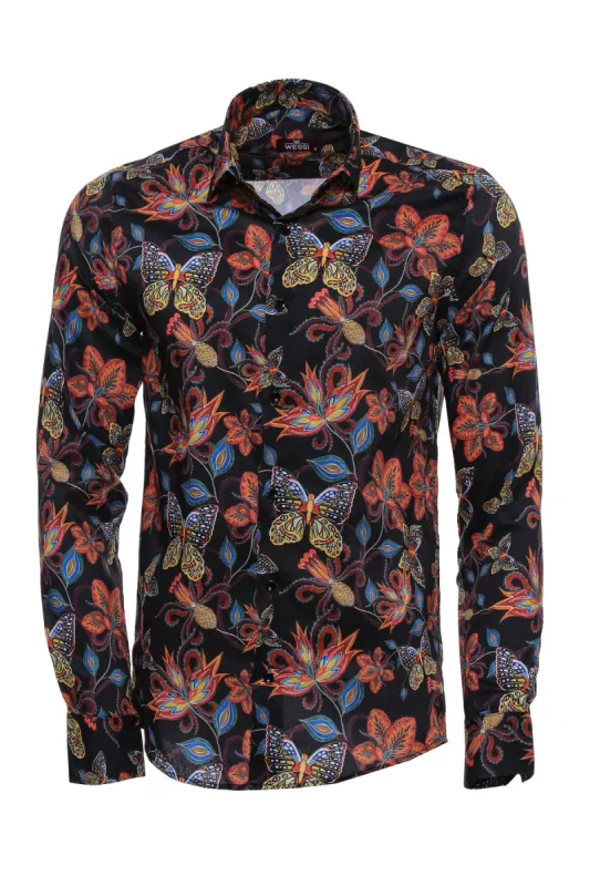 Tiger Patterned Slim Fit Long Sleeves Black Men Shirt - Wessi sold by Wessi