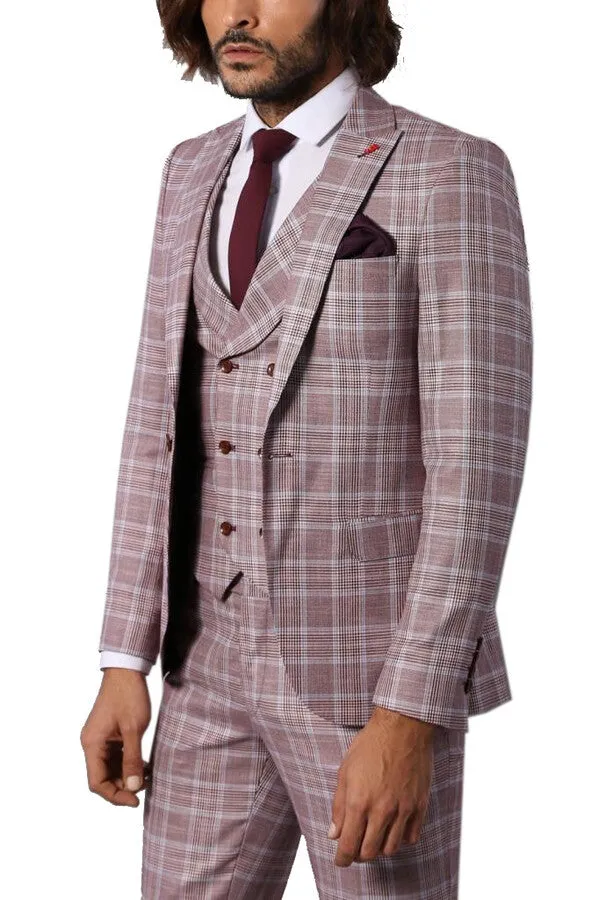 Burgundy Plaid Vested Slim Fit Italian Suit - Wessi sold by Wessi