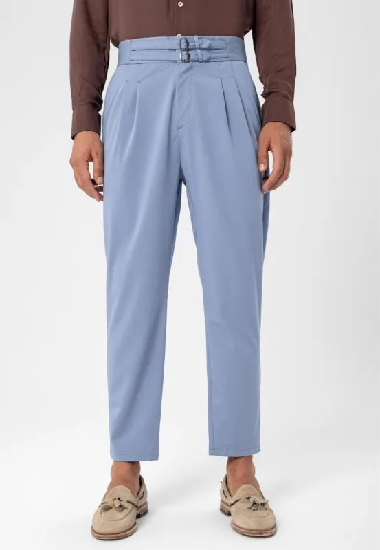 Men's Light Blue High Waist Buckle Belt Pleated Fabric Trousers - Wessi sold by Wessi