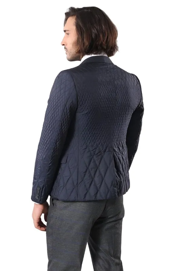 Slim Fit Navy Blue Quilted Blazer - Wessi sold by Wessi product image thumbnail 4
