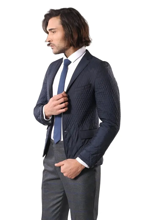 Slim Fit Navy Blue Quilted Blazer - Wessi sold by Wessi