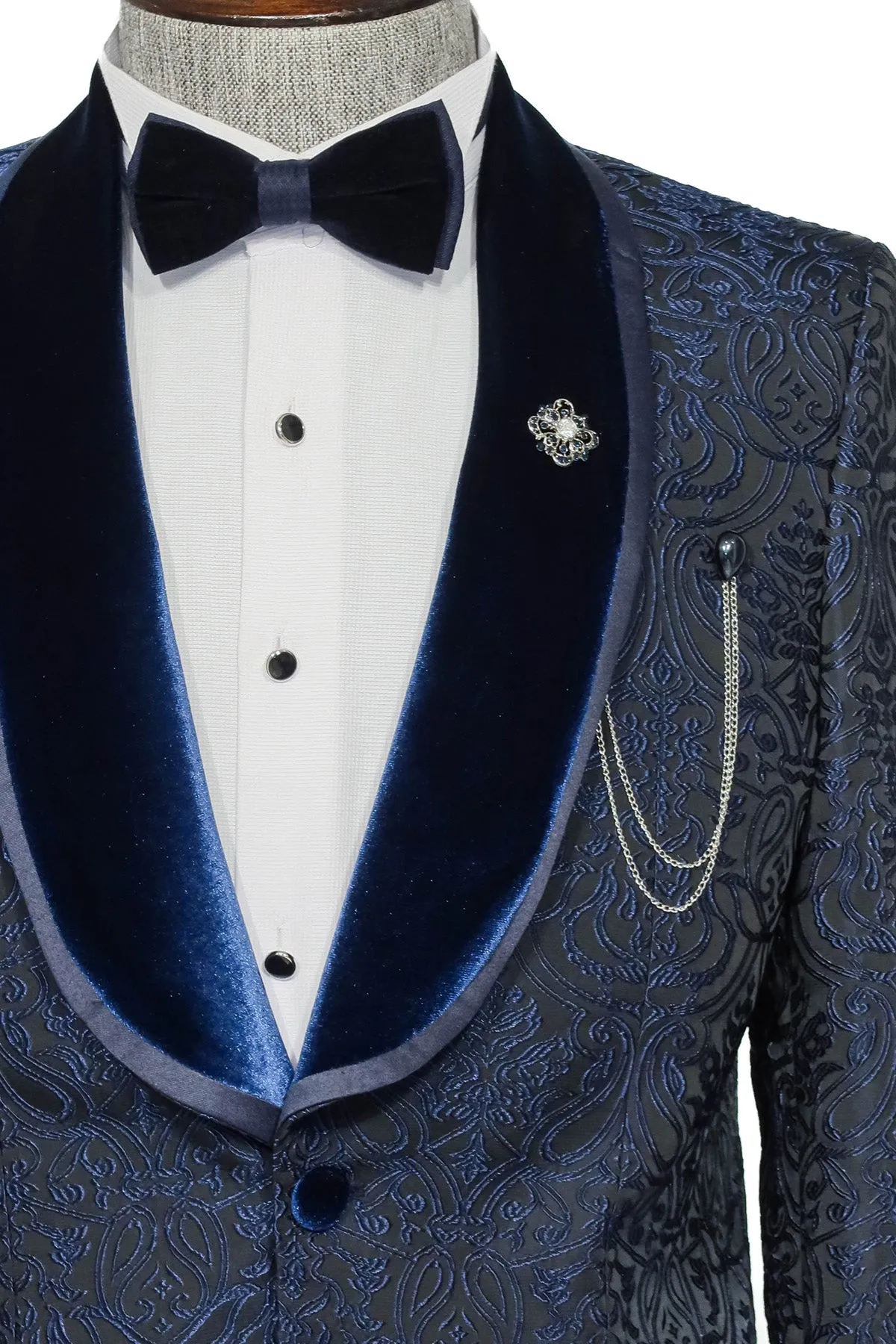 2 Piece Damask Patterned Velvet Shawl Collar Royal Blue Men's Tuxedo Suit - Wessi sold by Wessi product image thumbnail 2