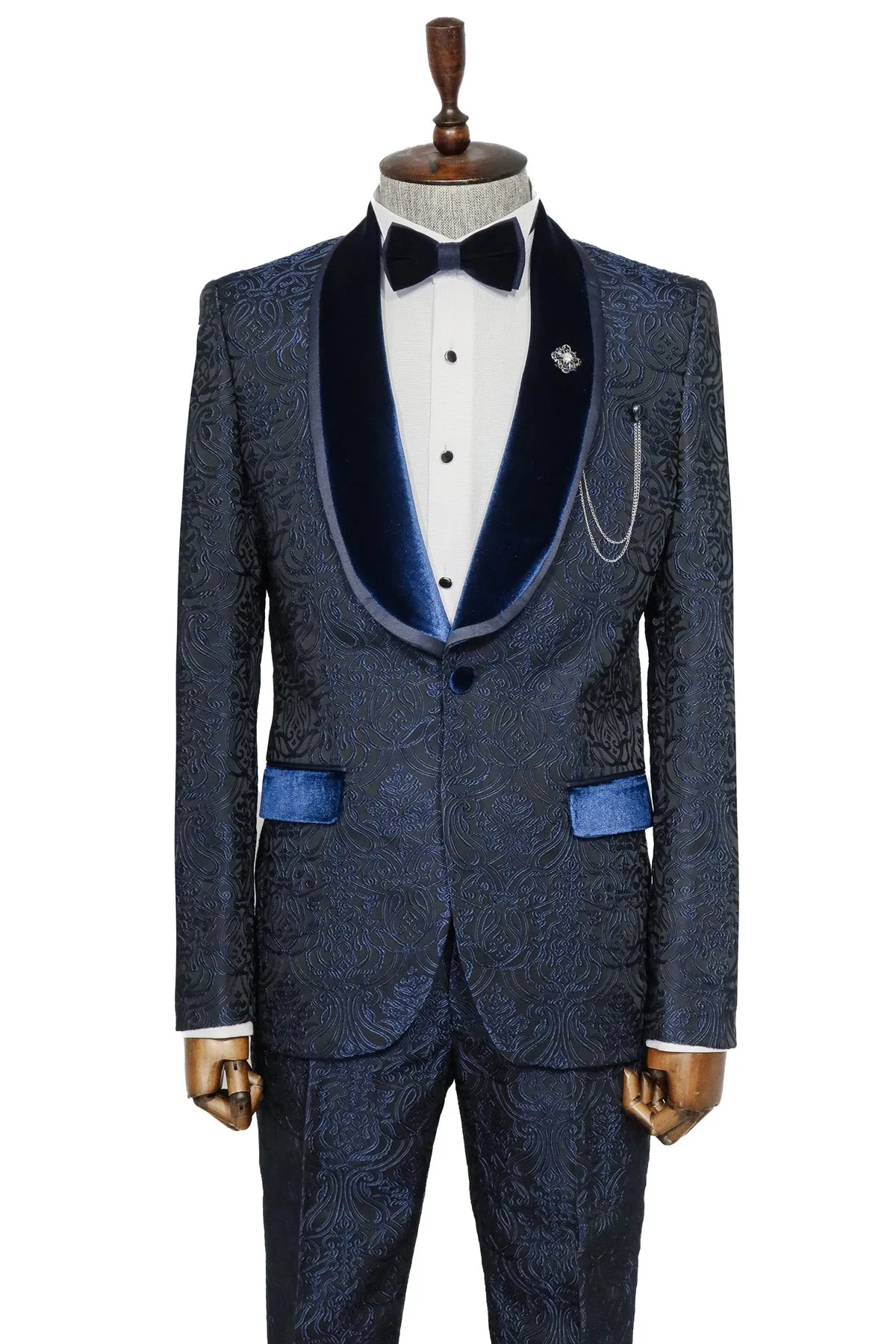 2 Piece Damask Patterned Velvet Shawl Collar Royal Blue Men's Tuxedo Suit - Wessi sold by Wessi product image thumbnail 3