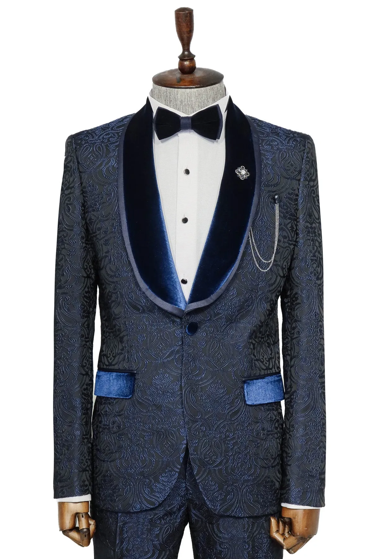 2 Piece Damask Patterned Velvet Shawl Collar Royal Blue Men's Tuxedo Suit - Wessi sold by Wessi