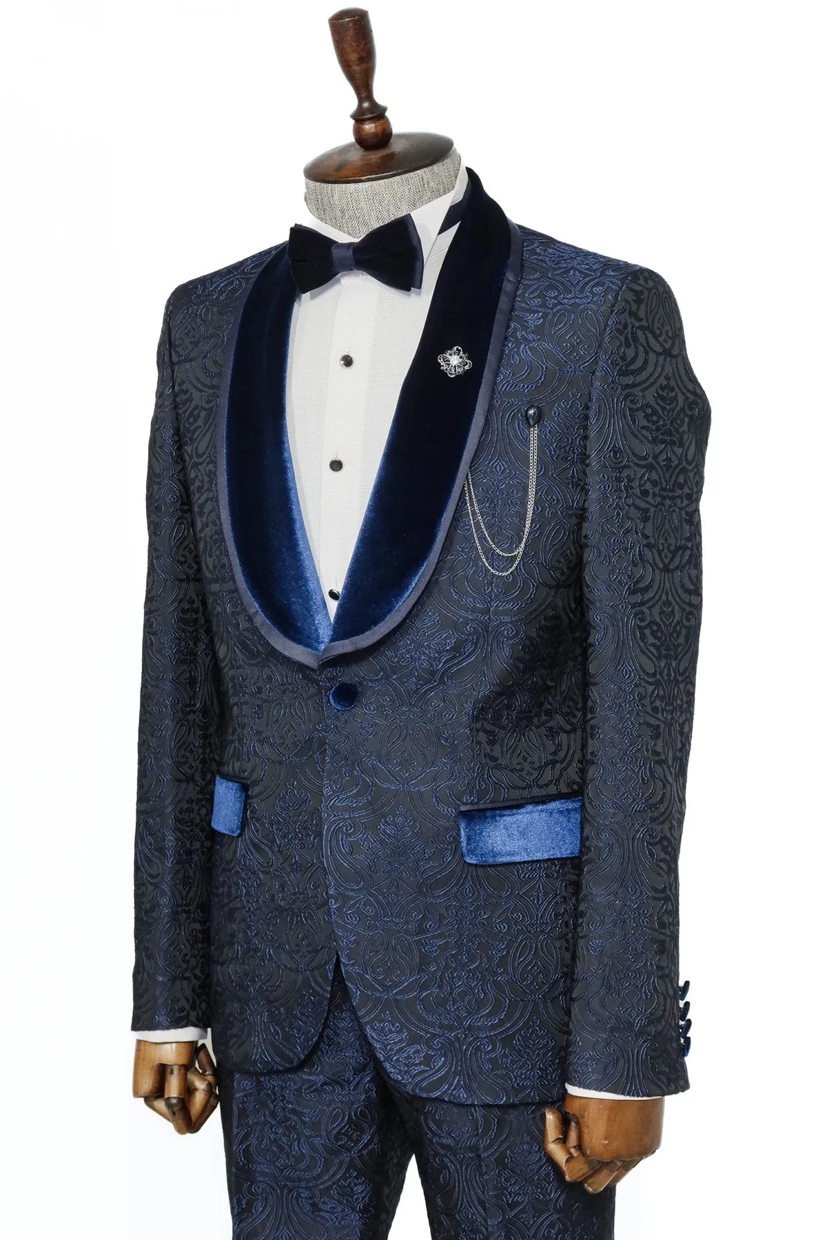2 Piece Damask Patterned Velvet Shawl Collar Royal Blue Men's Tuxedo Suit - Wessi sold by Wessi product image thumbnail 4