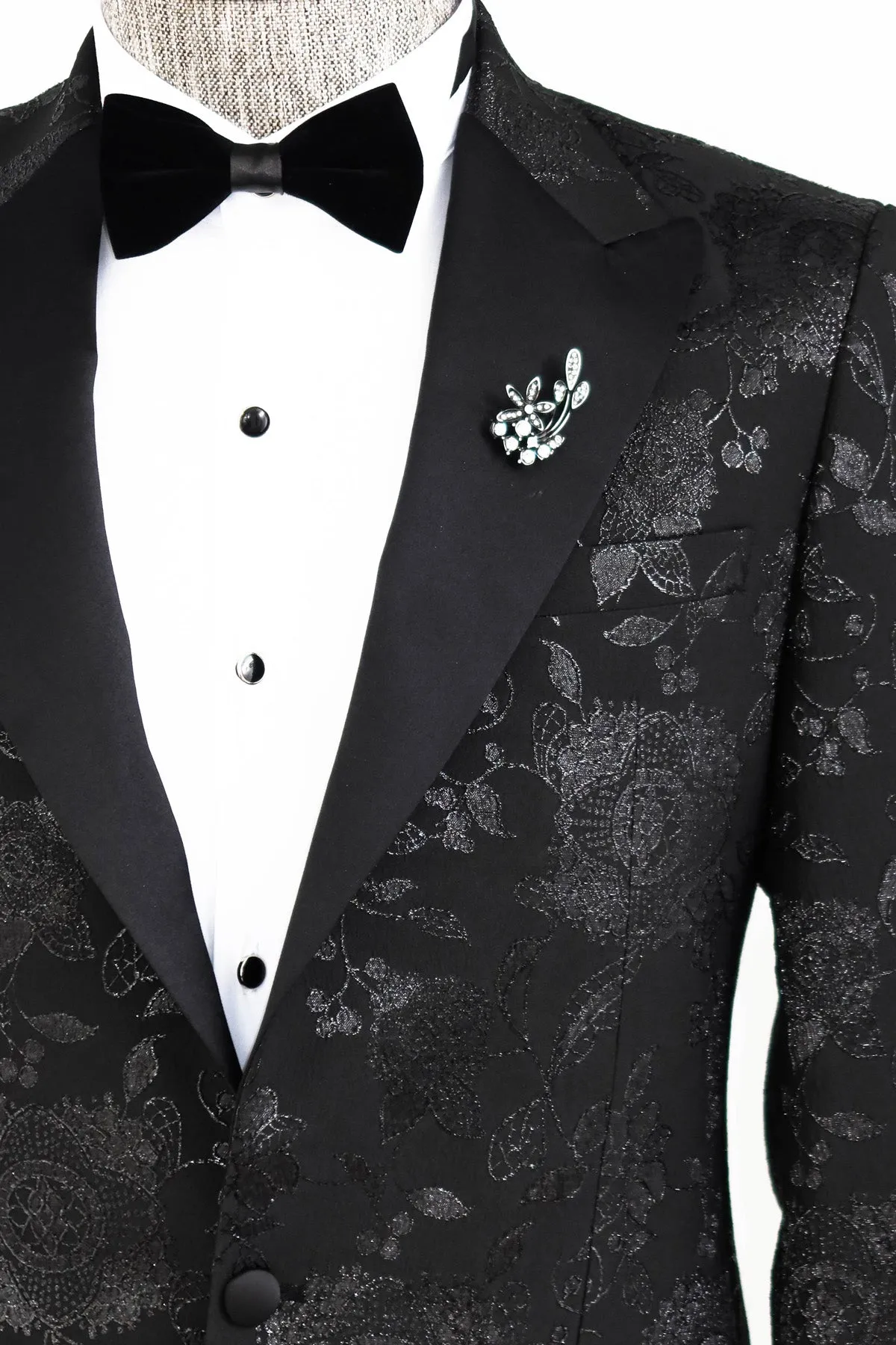 Floral Patterned Shiny Peak Lapel Black Men Dinner Jacket - Wessi sold by Wessi product image thumbnail 2