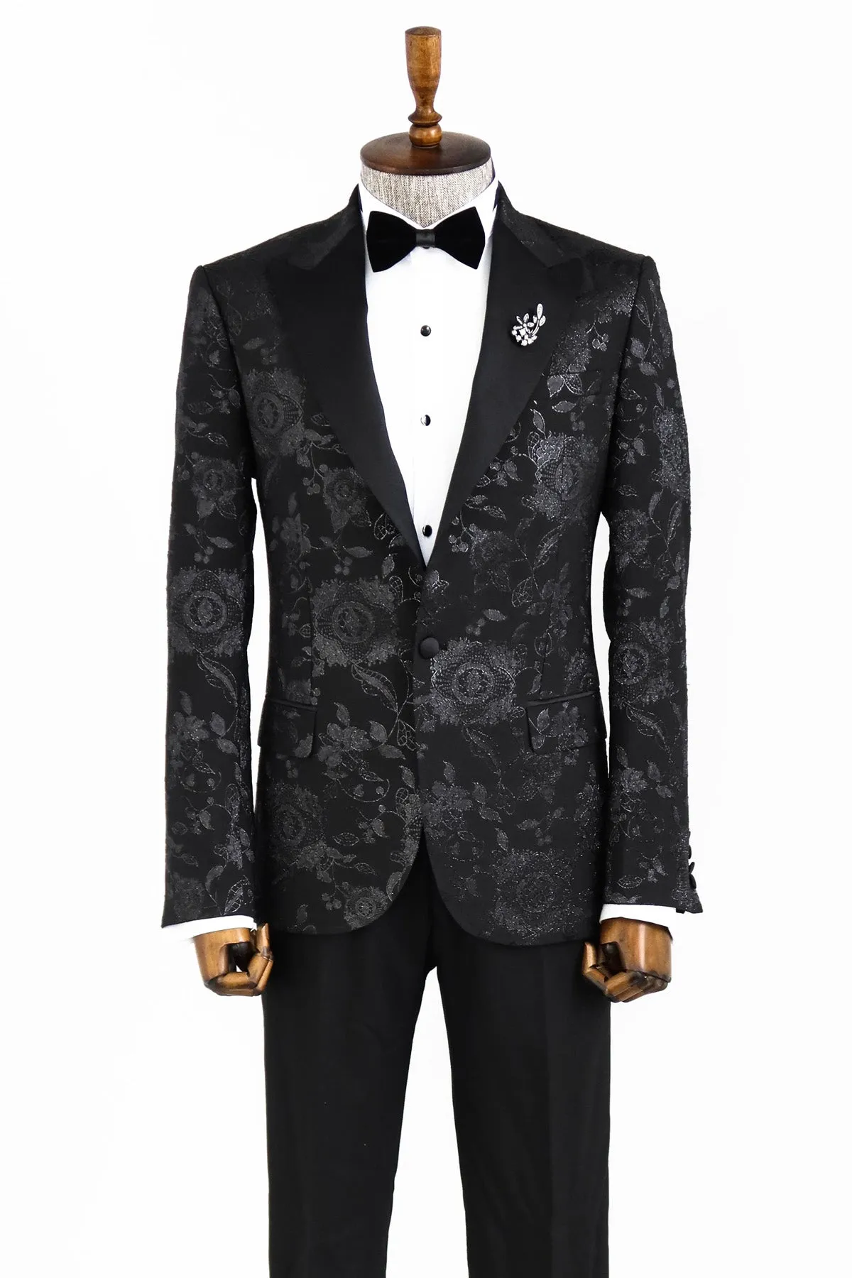 Floral Patterned Shiny Peak Lapel Black Men Dinner Jacket - Wessi sold by Wessi product image thumbnail 4