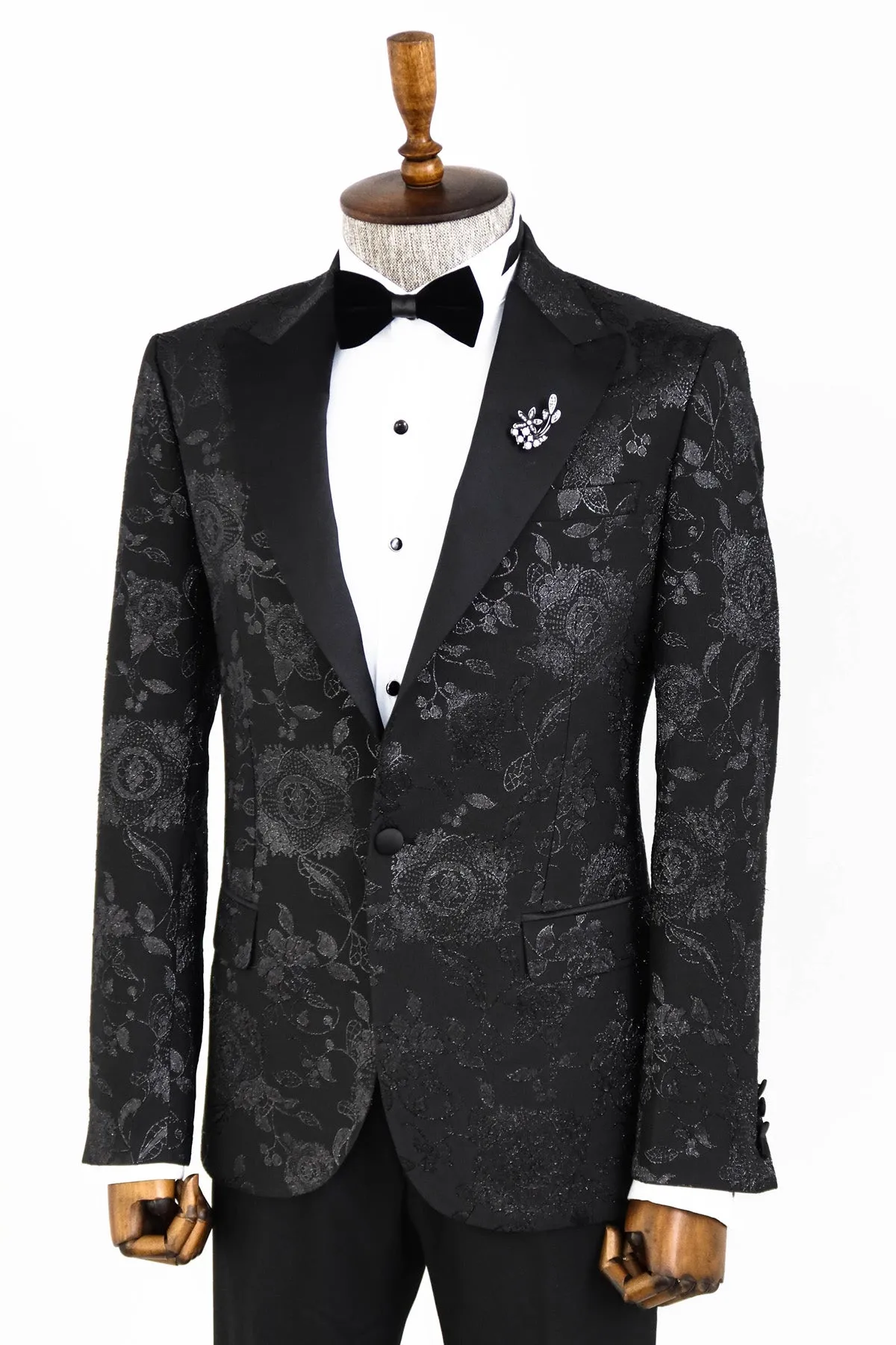 Floral Patterned Shiny Peak Lapel Black Men Dinner Jacket - Wessi sold by Wessi product image thumbnail 5