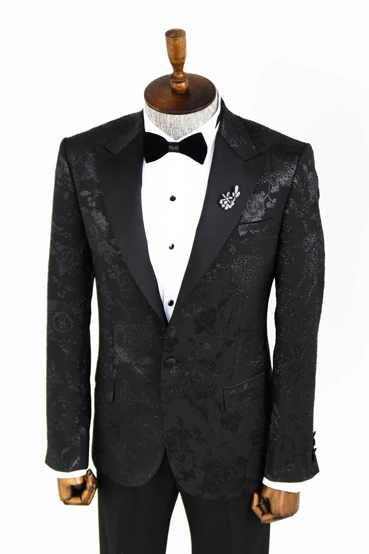 Floral Patterned Shiny Peak Lapel Black Men Dinner Jacket - Wessi sold by Wessi product image thumbnail 3