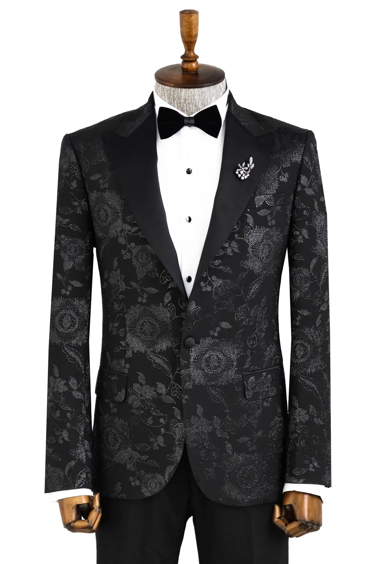 Floral Patterned Shiny Peak Lapel Black Men Dinner Jacket - Wessi sold by Wessi