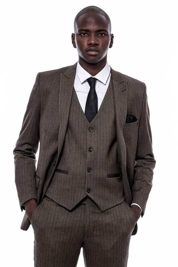Striped Slim Fit Brown Men Suit - Wessi sold by Wessi