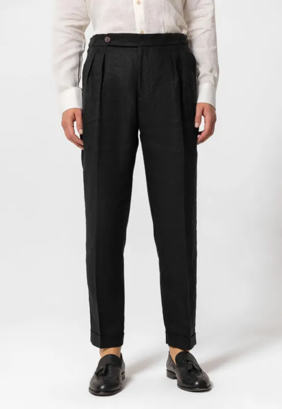 Men's Black High-Waist 100% Linen Pleated Pants - Wessi sold by Wessi