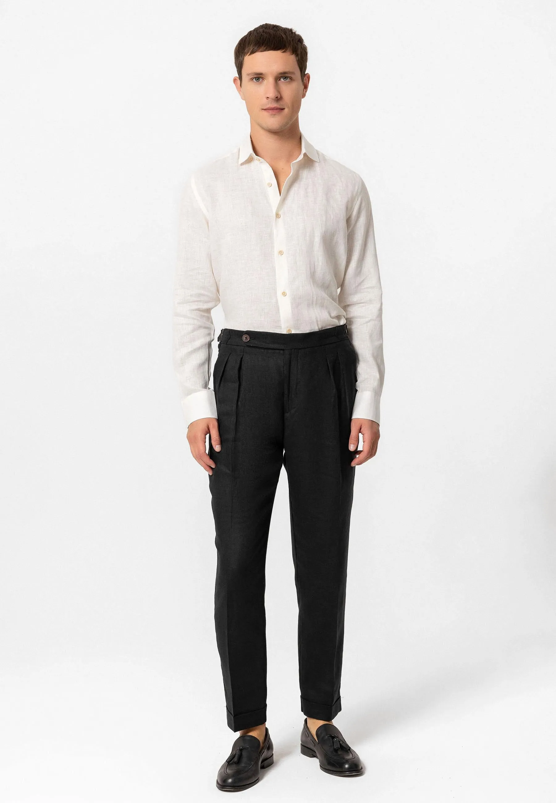 Men's Black High-Waist 100% Linen Pleated Pants - Wessi sold by Wessi product image thumbnail 2