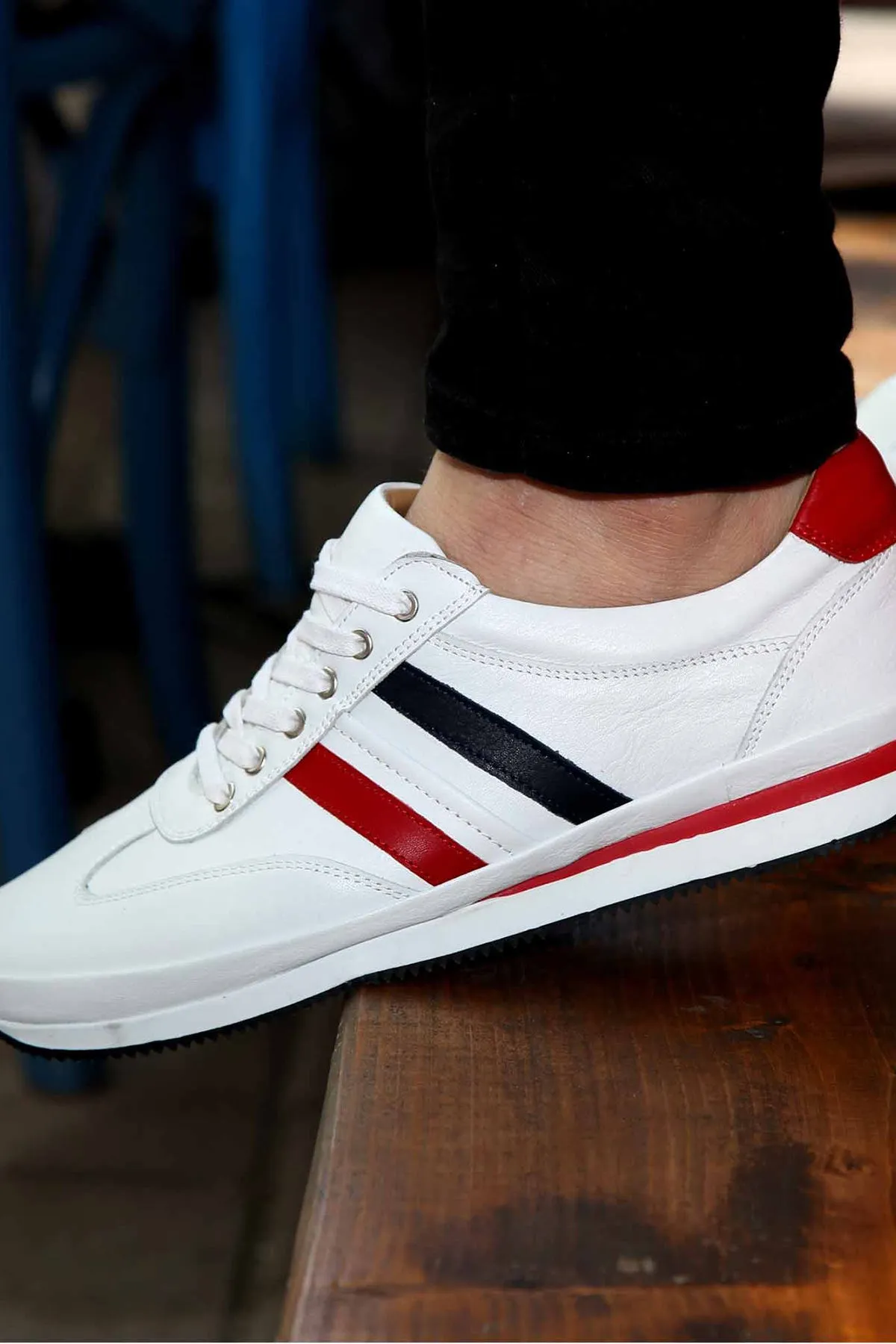 Men's White Leather Sneakers with Red and Navy Stripes - Wessi sold by Wessi