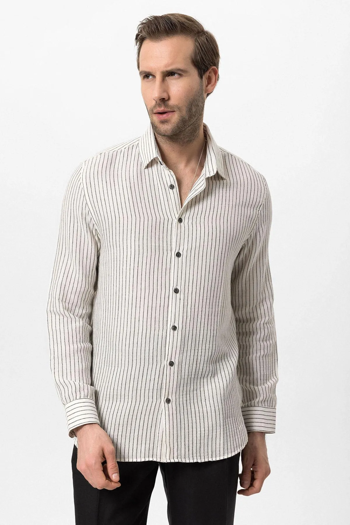 Men's Black Cotton Striped Shirt - Wessi sold by Wessi product image thumbnail 2
