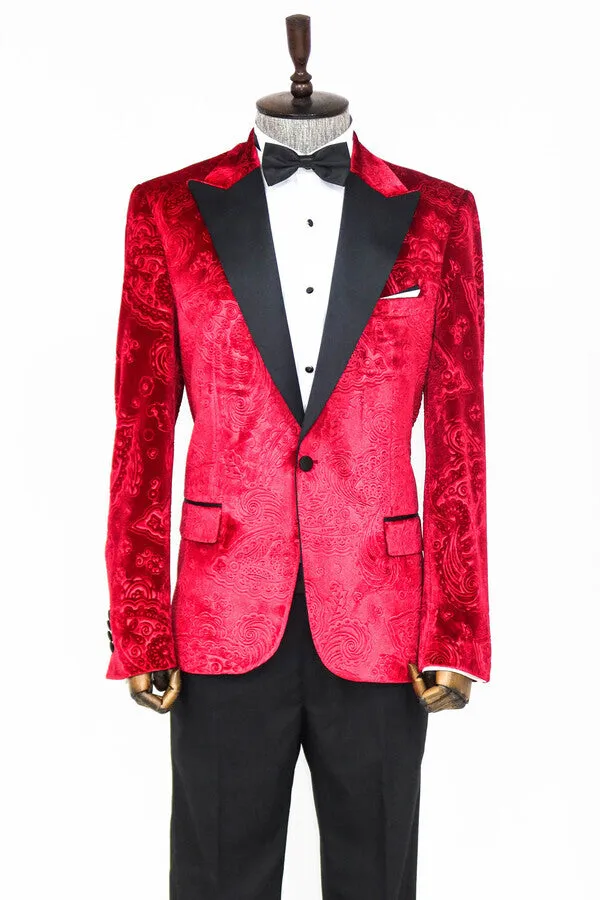 Floral Patterned Velvet Burgundy Men Tuxedo Jacket - Wessi sold by Wessi product image thumbnail 4