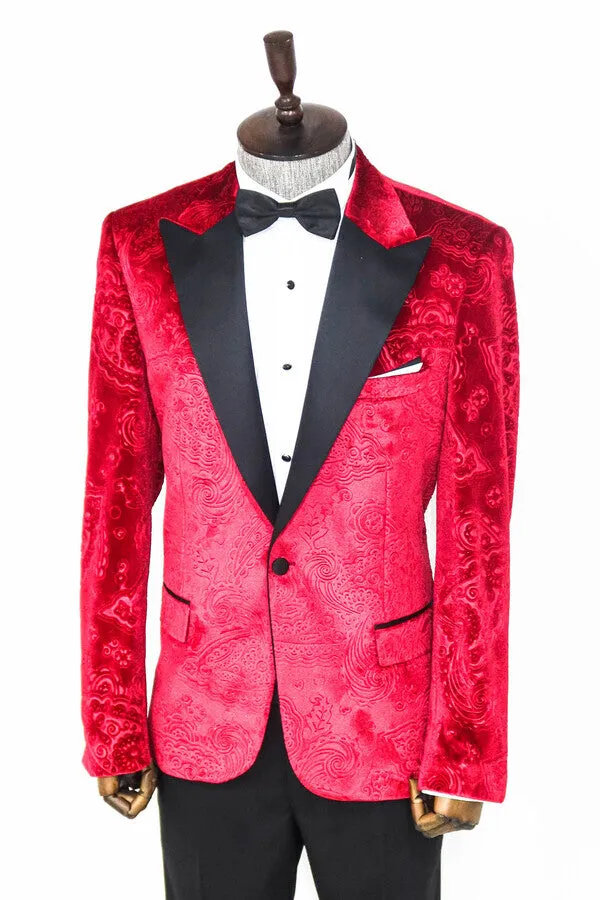 Floral Patterned Velvet Burgundy Men Tuxedo Jacket - Wessi sold by Wessi product image thumbnail 5