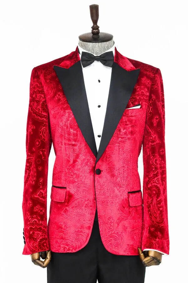 Floral Patterned Velvet Burgundy Men Tuxedo Jacket - Wessi sold by Wessi