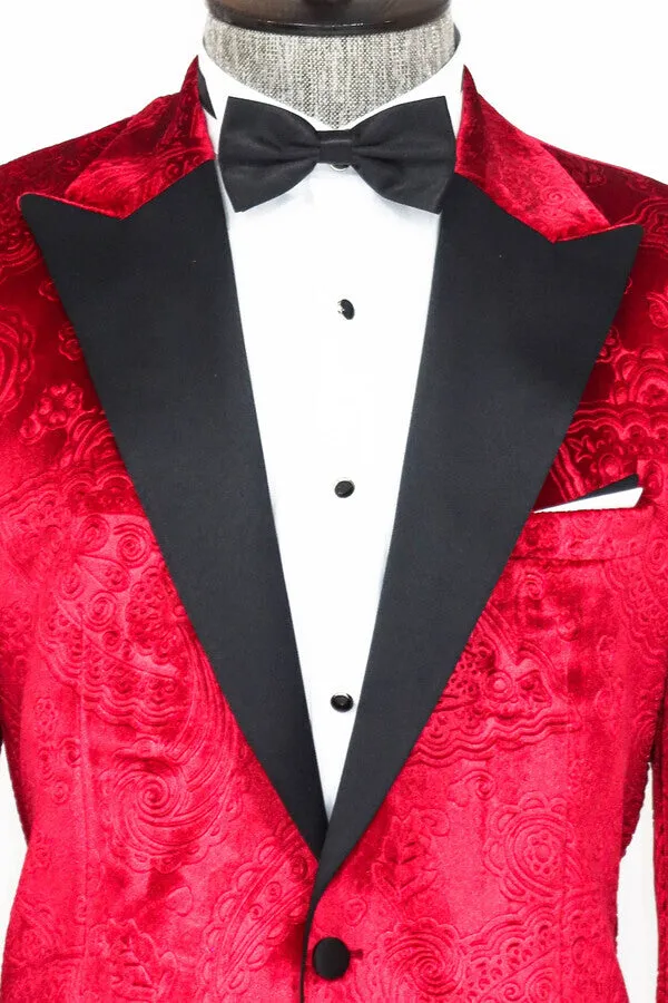 Floral Patterned Velvet Burgundy Men Tuxedo Jacket - Wessi sold by Wessi product image thumbnail 2
