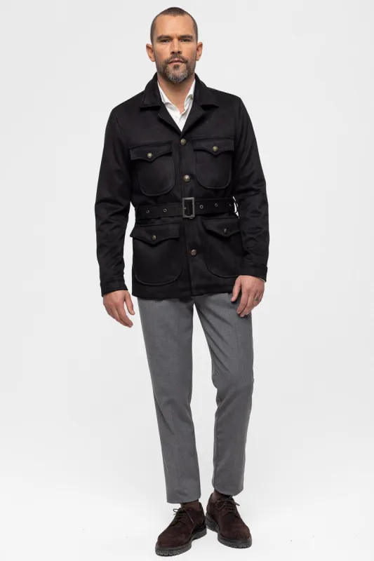 Men's Black Slim Fit Belted Suede Coat - Wessi sold by Wessi