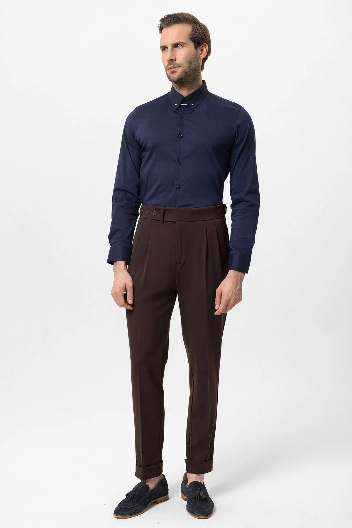 Men's Brown High Waist Pleated Carrot Fit Trousers - Wessi sold by Wessi product image thumbnail 3